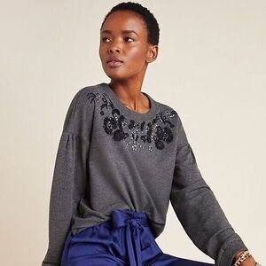 Anthropologie Maeve Tallie Gray Beaded Embellished Puff Sleeve Pullover SMALL